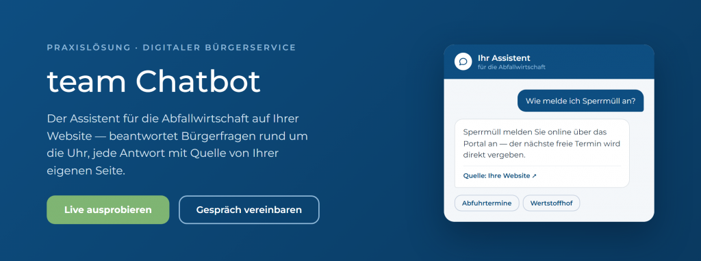 Stilisiertes Chatfenster des team Chatbot: Frage zur Sperrmüll-Anmeldung mit Antwort und Quellenlink